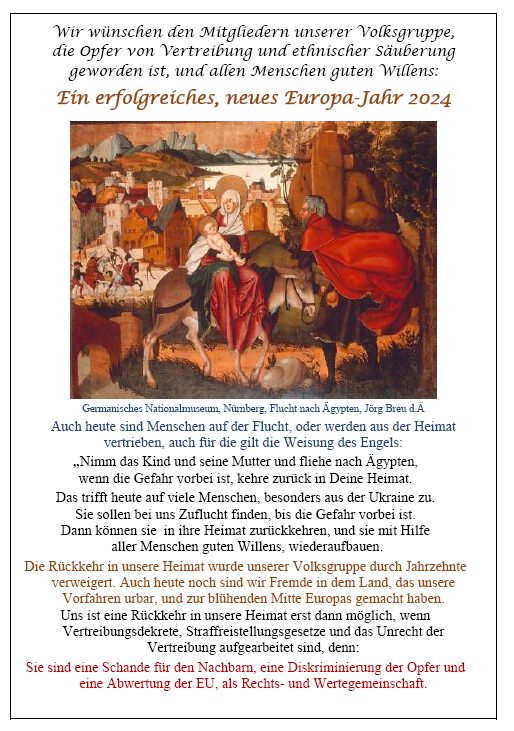 Neujahrsgruesse an die Mitglieder der Sudetendeutschen Volksgruppe 